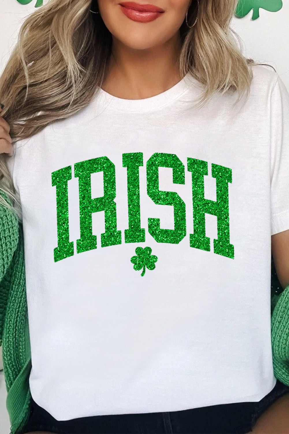 White Glitter IRISH Clover Print St Patricks T Shirt