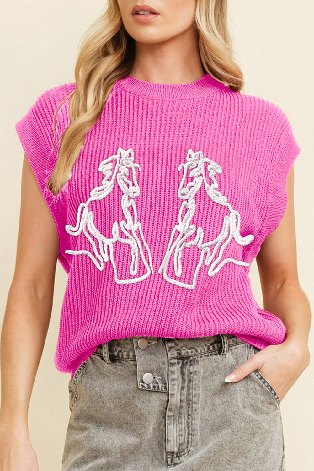 Bright Pink Horse Embroidered Round Neck Knit Vest