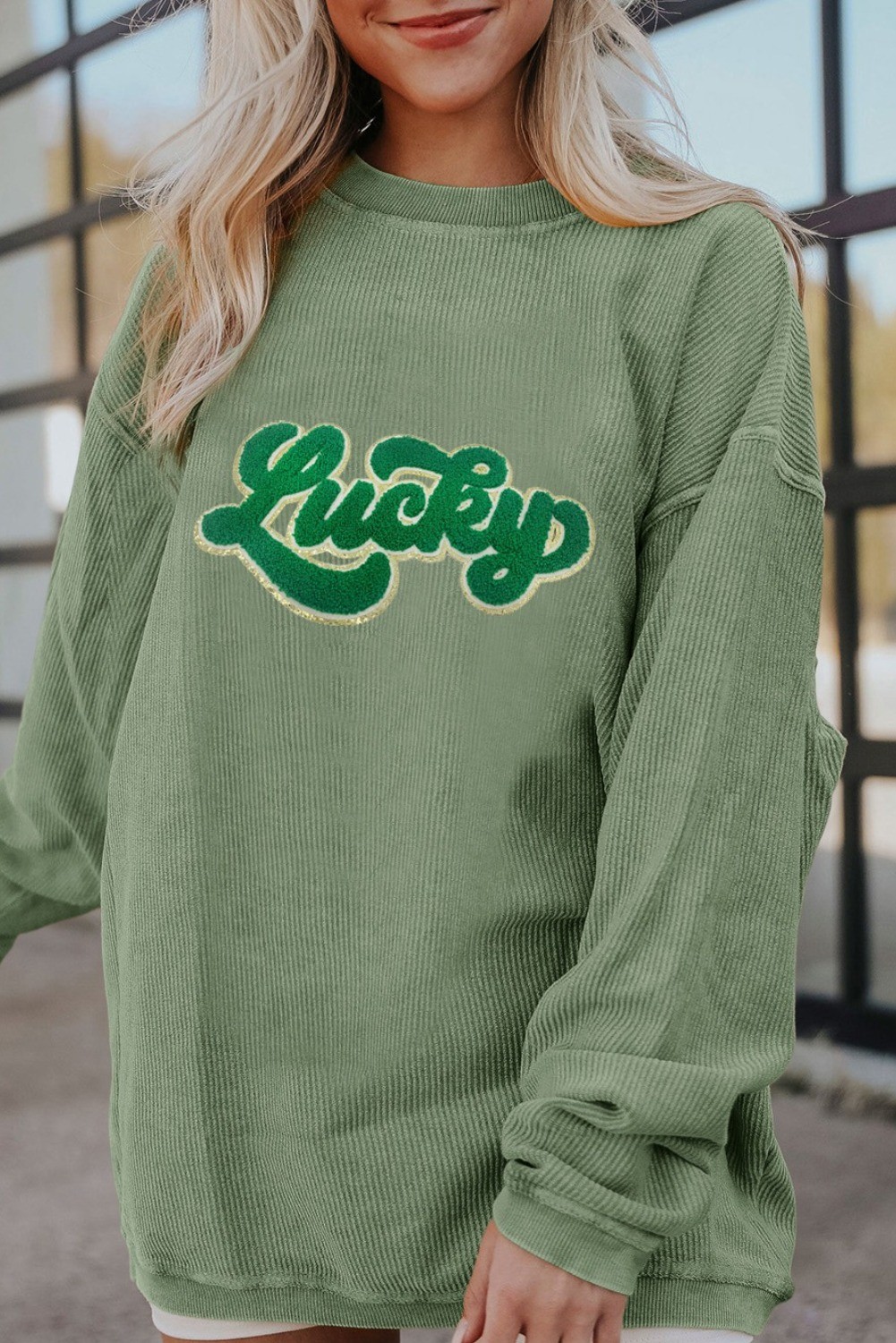 Grass Green Chenille Lucky Patched Graphic Ribbed St Patrick Sweatshirt