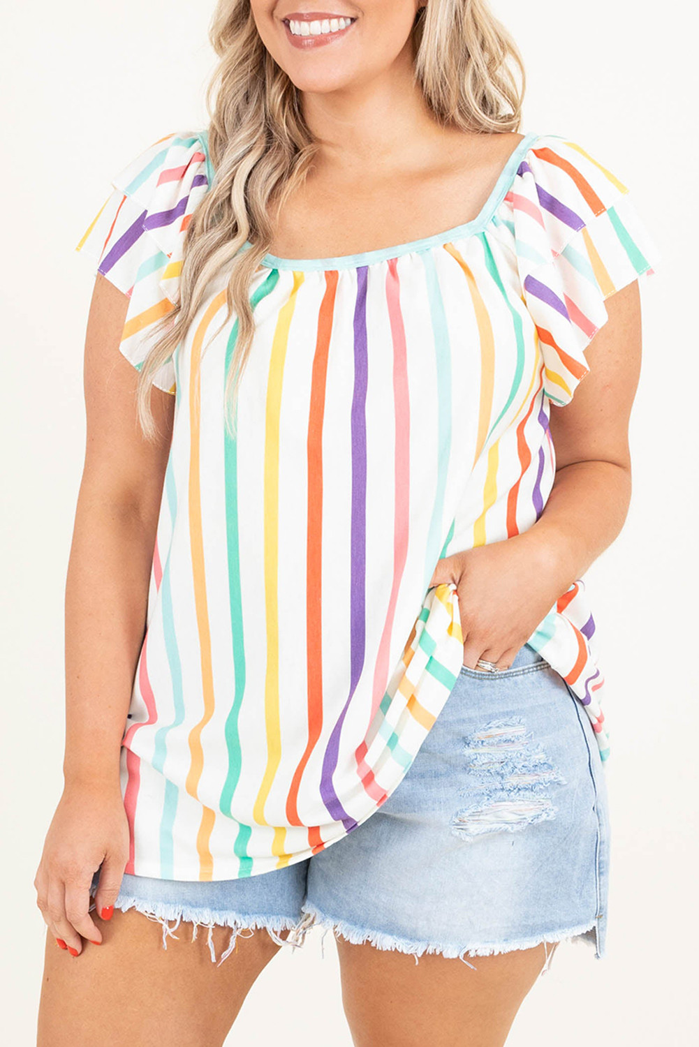 White Colorful Striped Square Neck Plus Size Blouse
