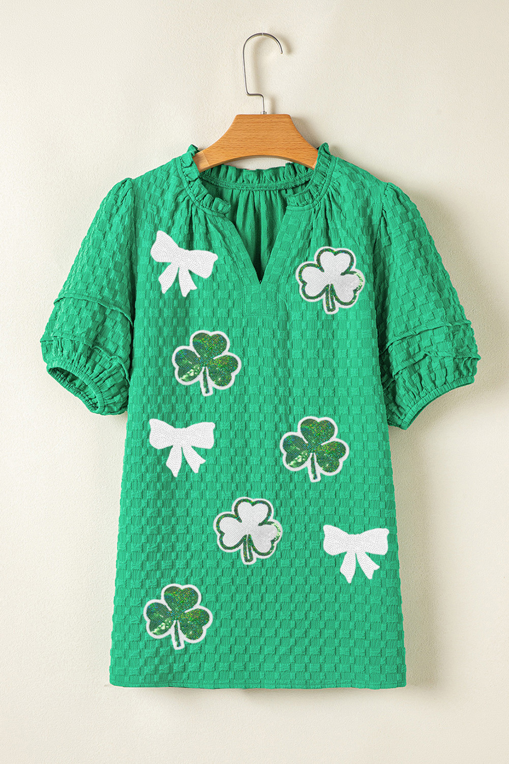 Bright Green Textured Sequin Clover Bow Graphic Puff Sleeve Blouse
