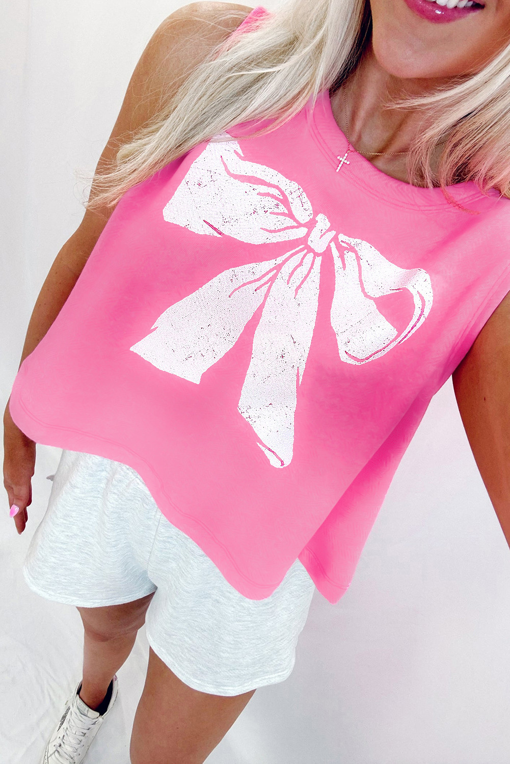 Sachet Pink Bow Casual Sleeveless Tee