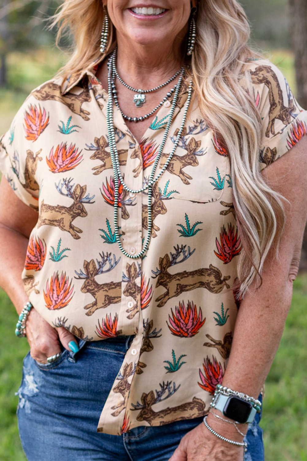 Khaki Plus Size Western Pattern Print Buttoned Short Sleeve Top