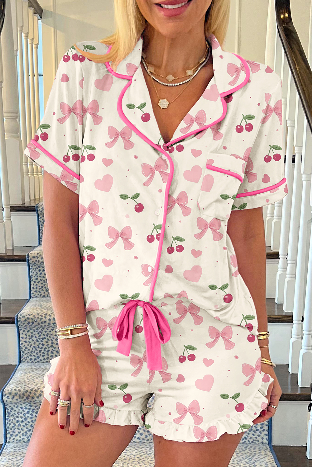 Shewin Wholesale Distributor Beige Bow and Cherry Print Ruffle Hem Shorts PAJAMA Set