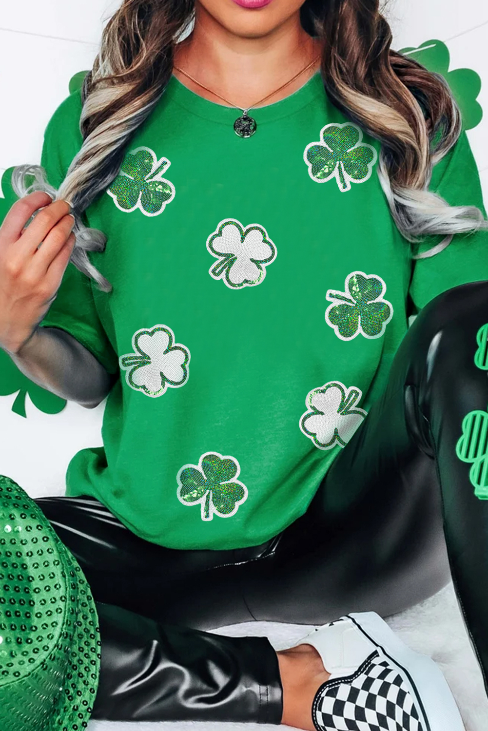 Bright Green St Patricks Sequin Clover Pattern T Shirt