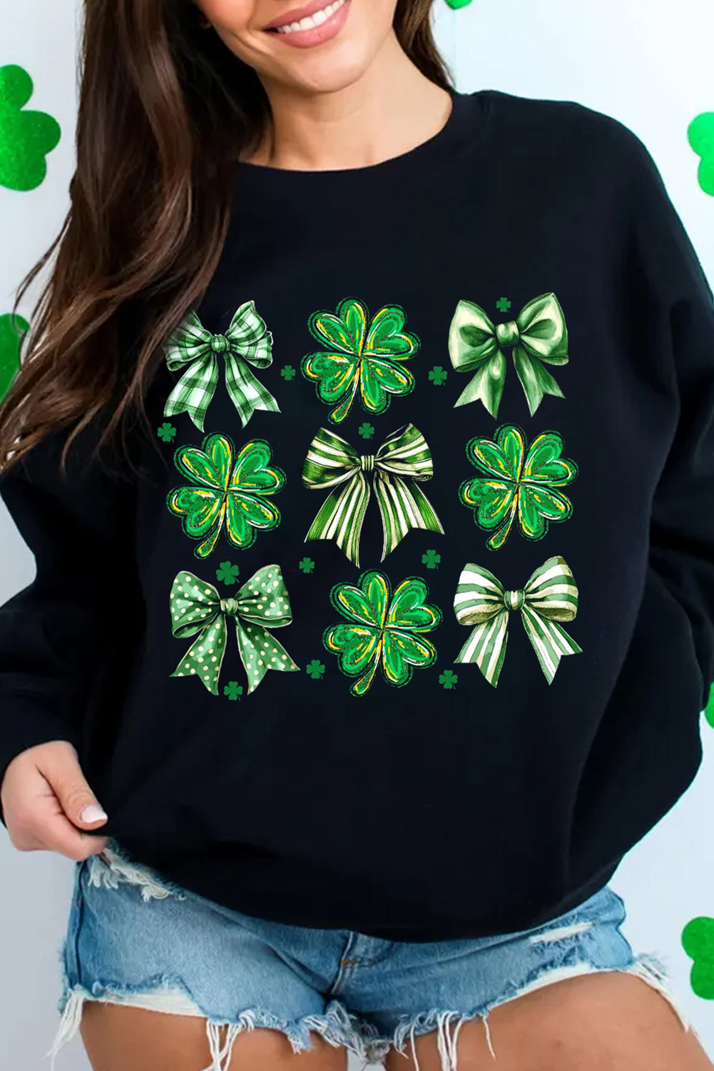Black Four Leaf Clover Bow Printed St Patrick Fashion Sweatshirt