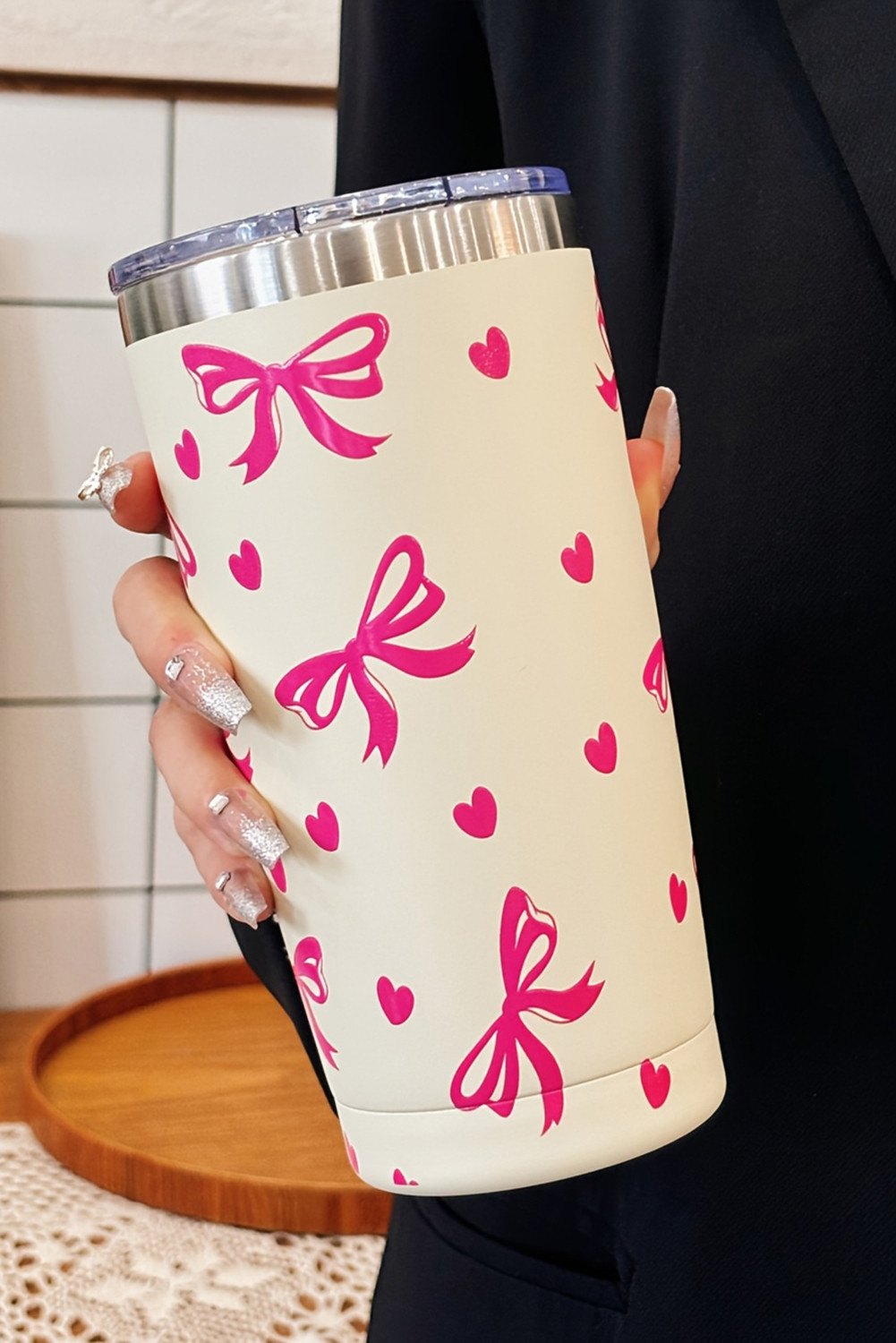 Rose Red Bow Heart Print Insulated Stainless Steel Cup