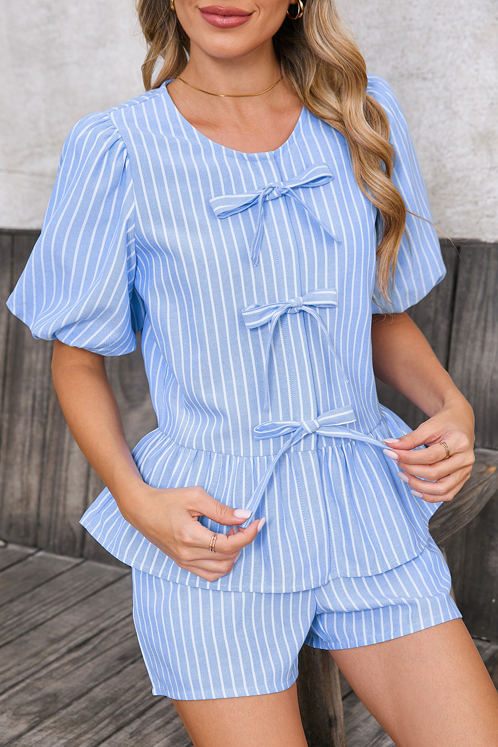 Sky Blue Striped Bow Tie Front Blouse and Drawstring Shorts Set