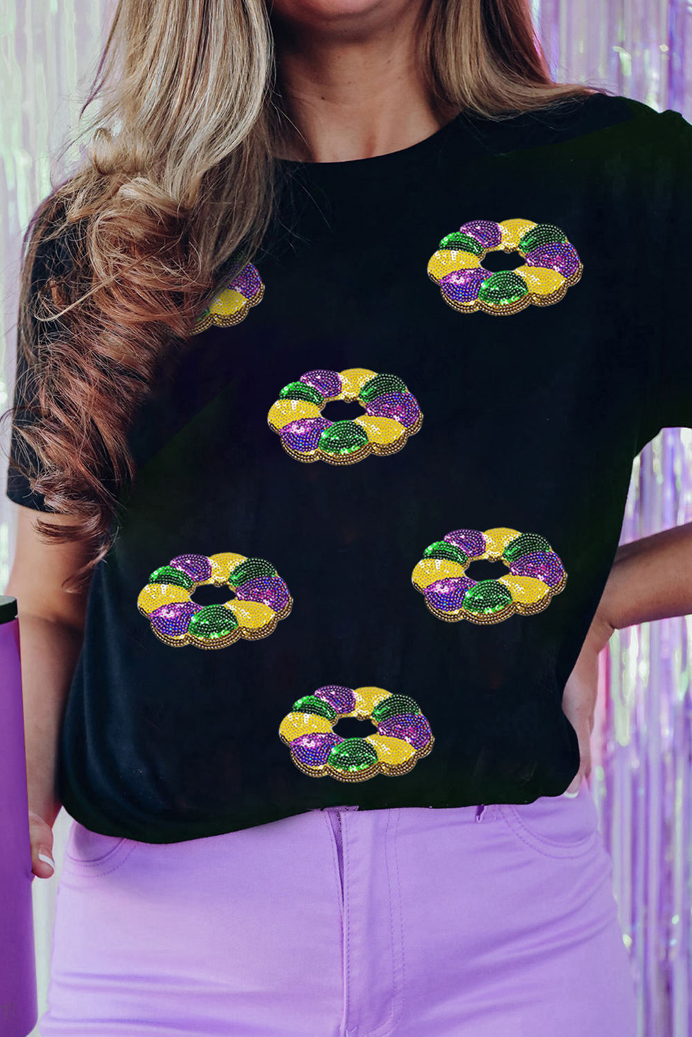 Black Sequin Mardi Gras Donut Pattern Graphic Crew Neck Tee