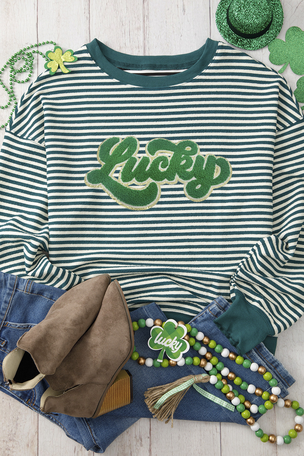 Green Stripe Chenille Lucky Letter Patched Drop Shoulder Long Sleeve Top