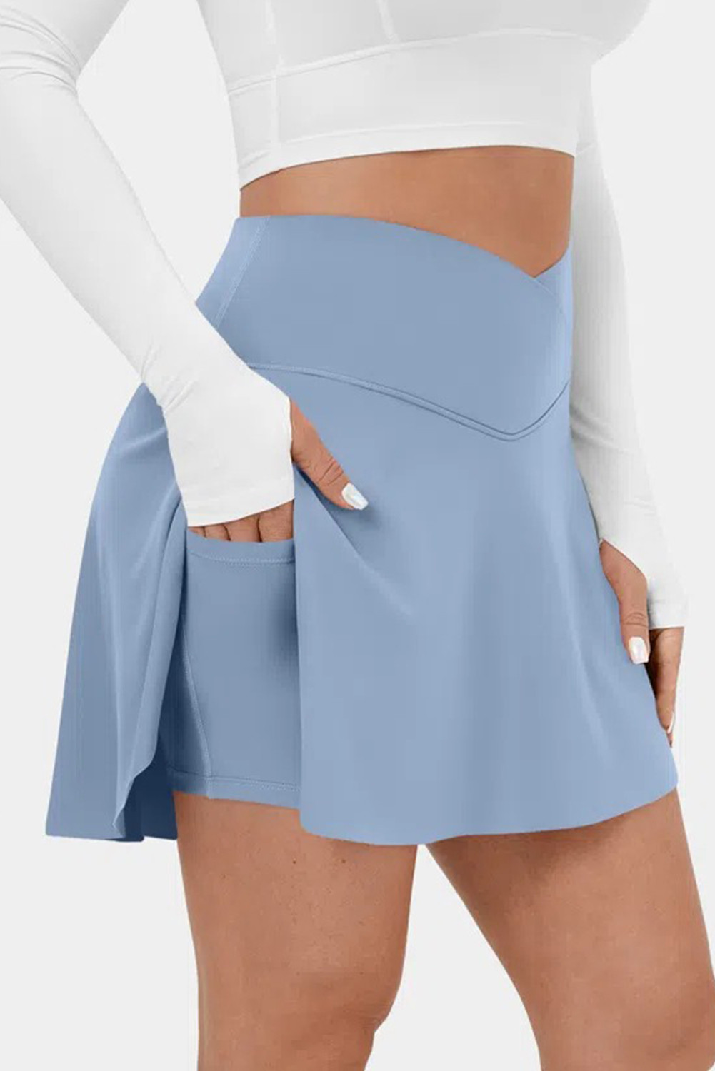 Beau Blue Solid Pocketed Cross Criss High Waist Swim Skort