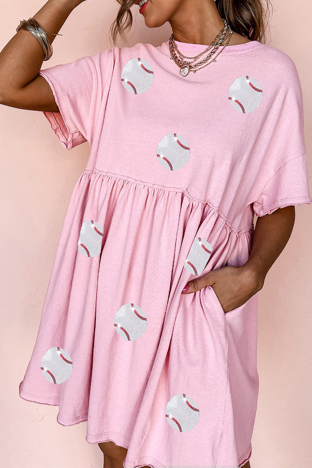 Light Pink Sequin Baseball Raw Trim Babydoll Dress