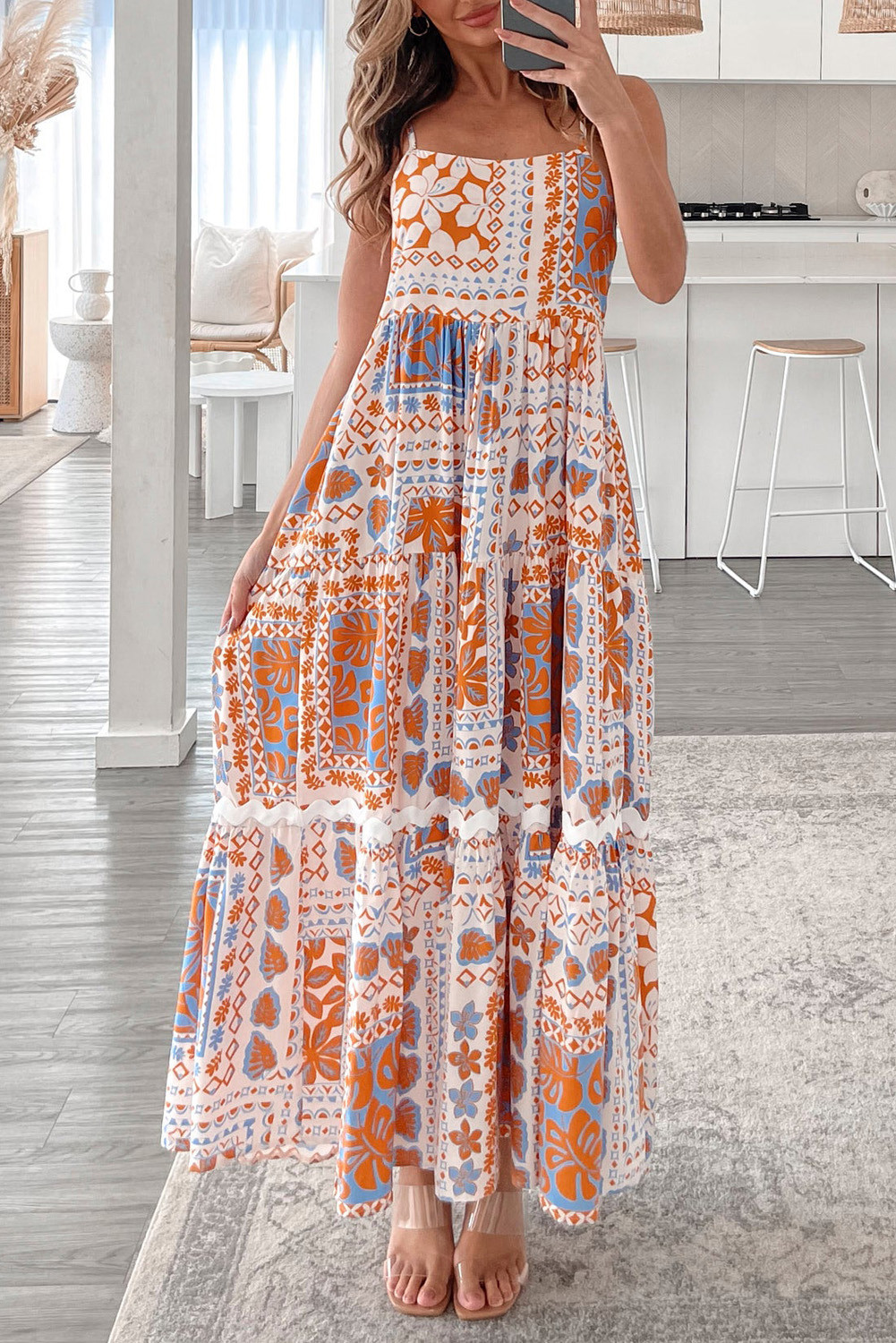 Orange Floral Print Ricrac Trim Spaghetti Straps Maxi Dress
