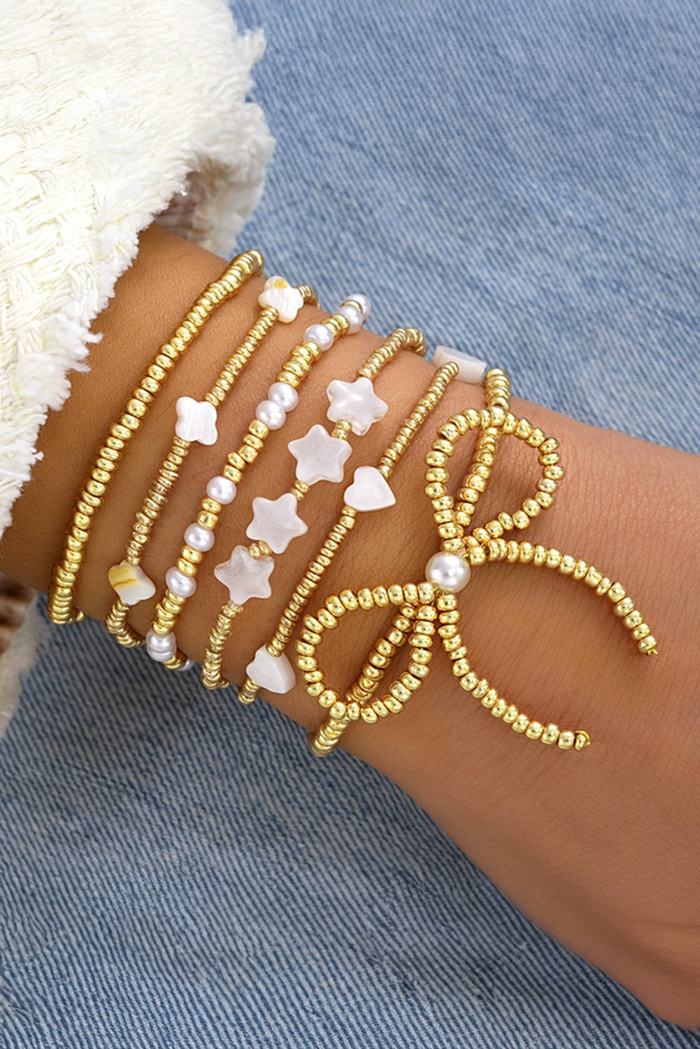 Gold Bow Stretch Beaded Bracelet Set