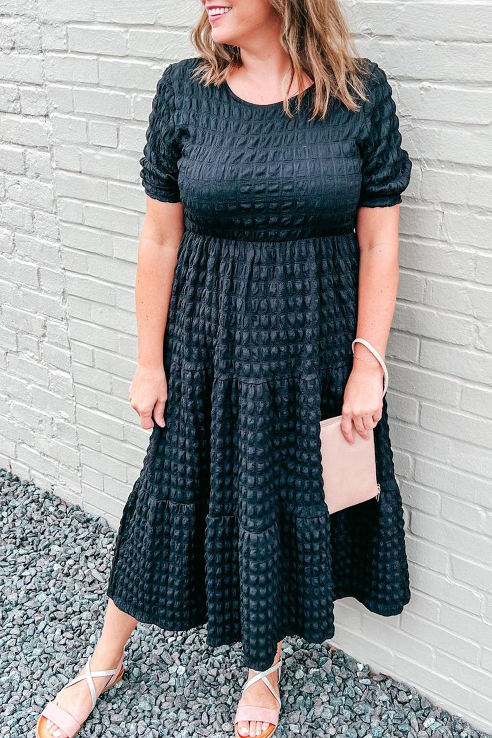 Black Textured Plain Tiered Puff Sleeve Plus Size Dress