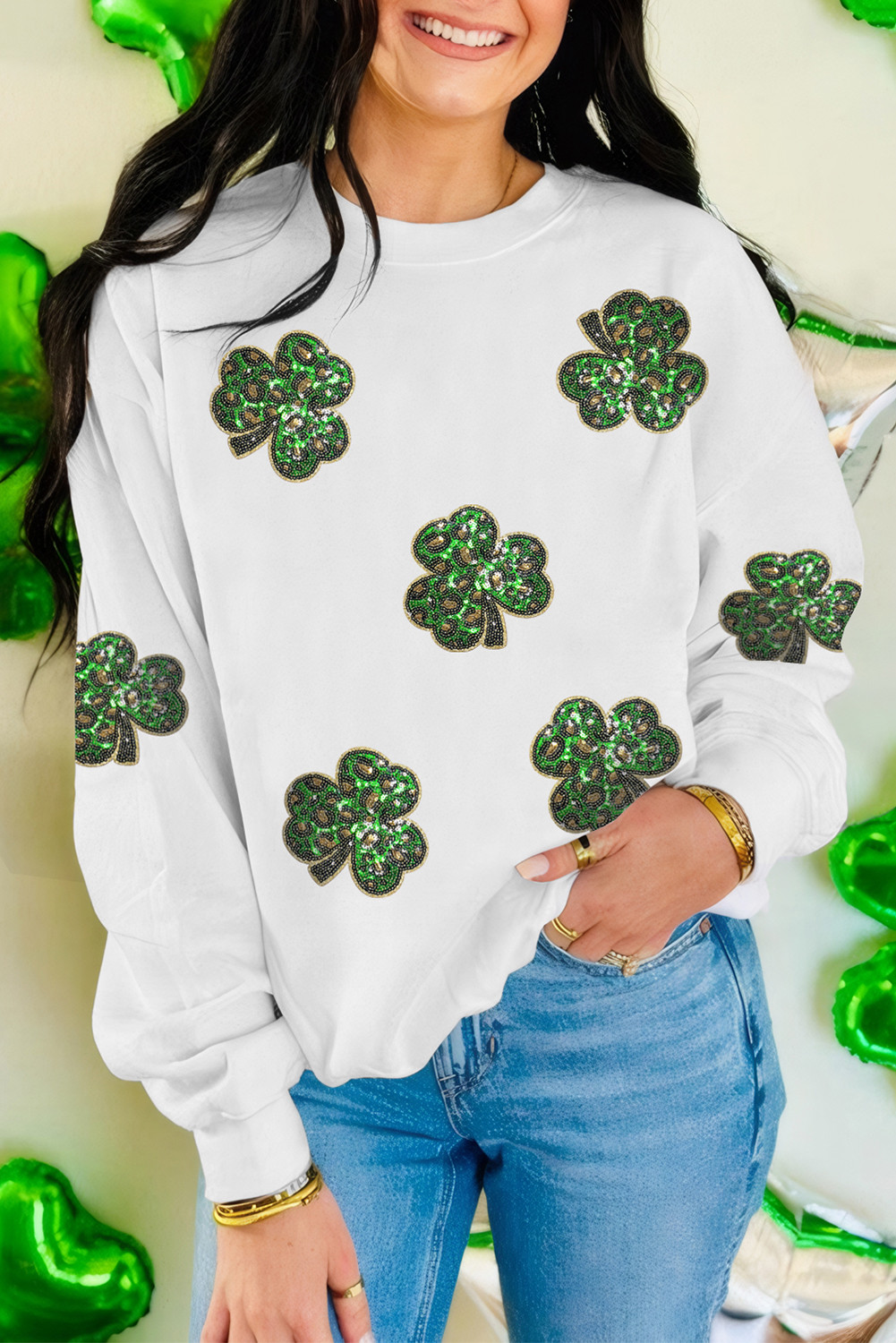 White Sequin Clover Patched St Patrick Pullover Sweatshirt