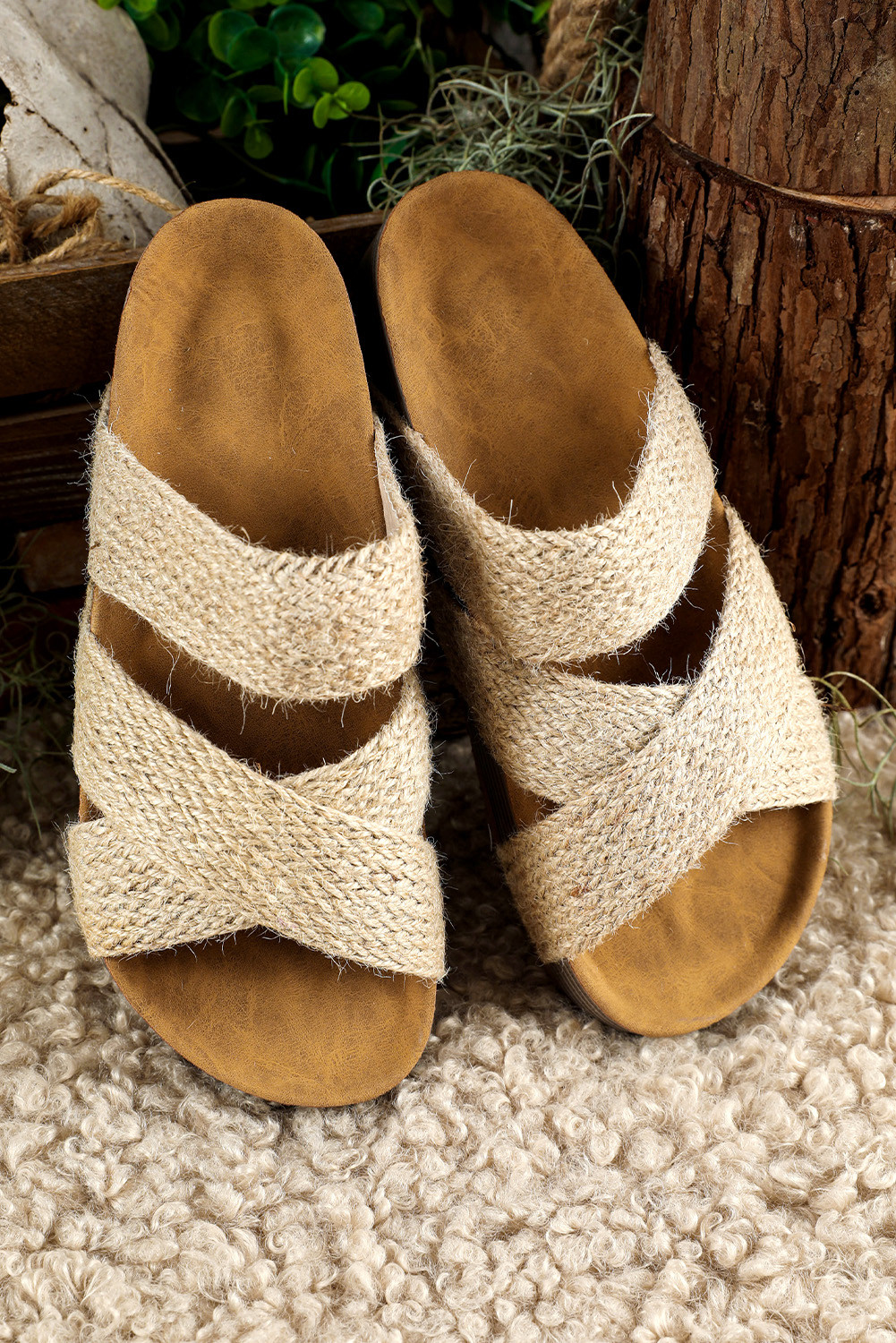 Beige Woven Criss Cross Strap Platform Slides Shoes