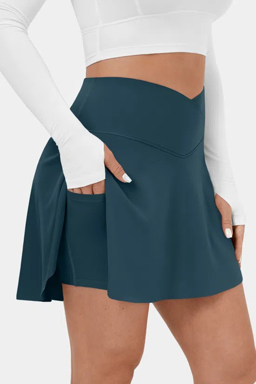 Sea Green Solid Pocketed Cross Criss High Waist Swim Skort