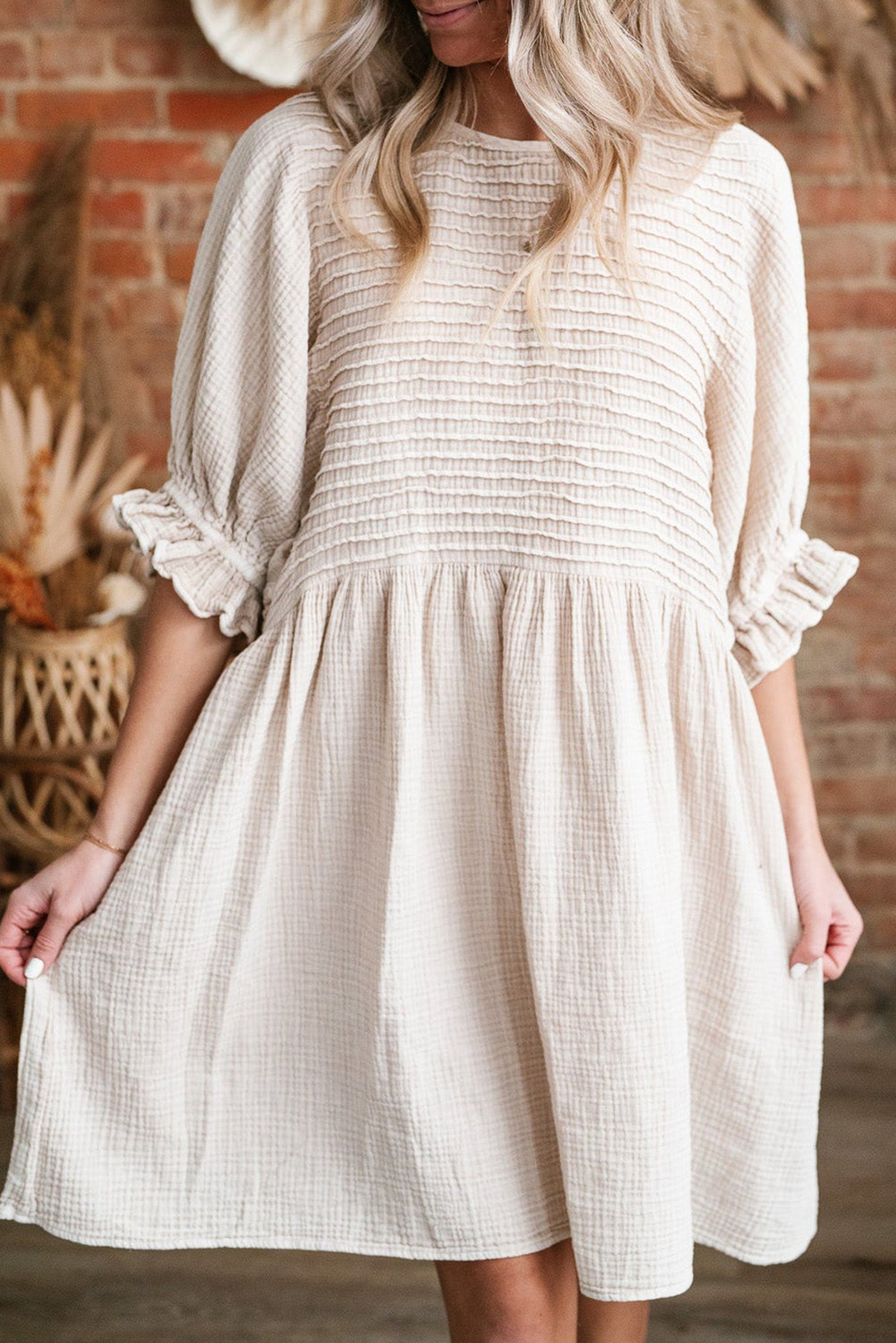 White Pleated Textured Ruffle Puff Sleeve Loose Dress