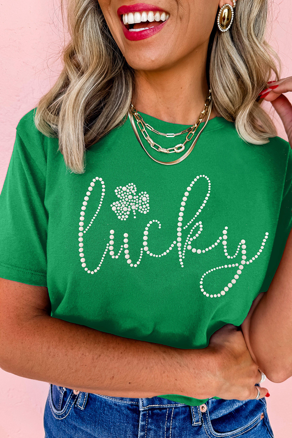 Bright Green Lucky Clover Graphic Casual Tee