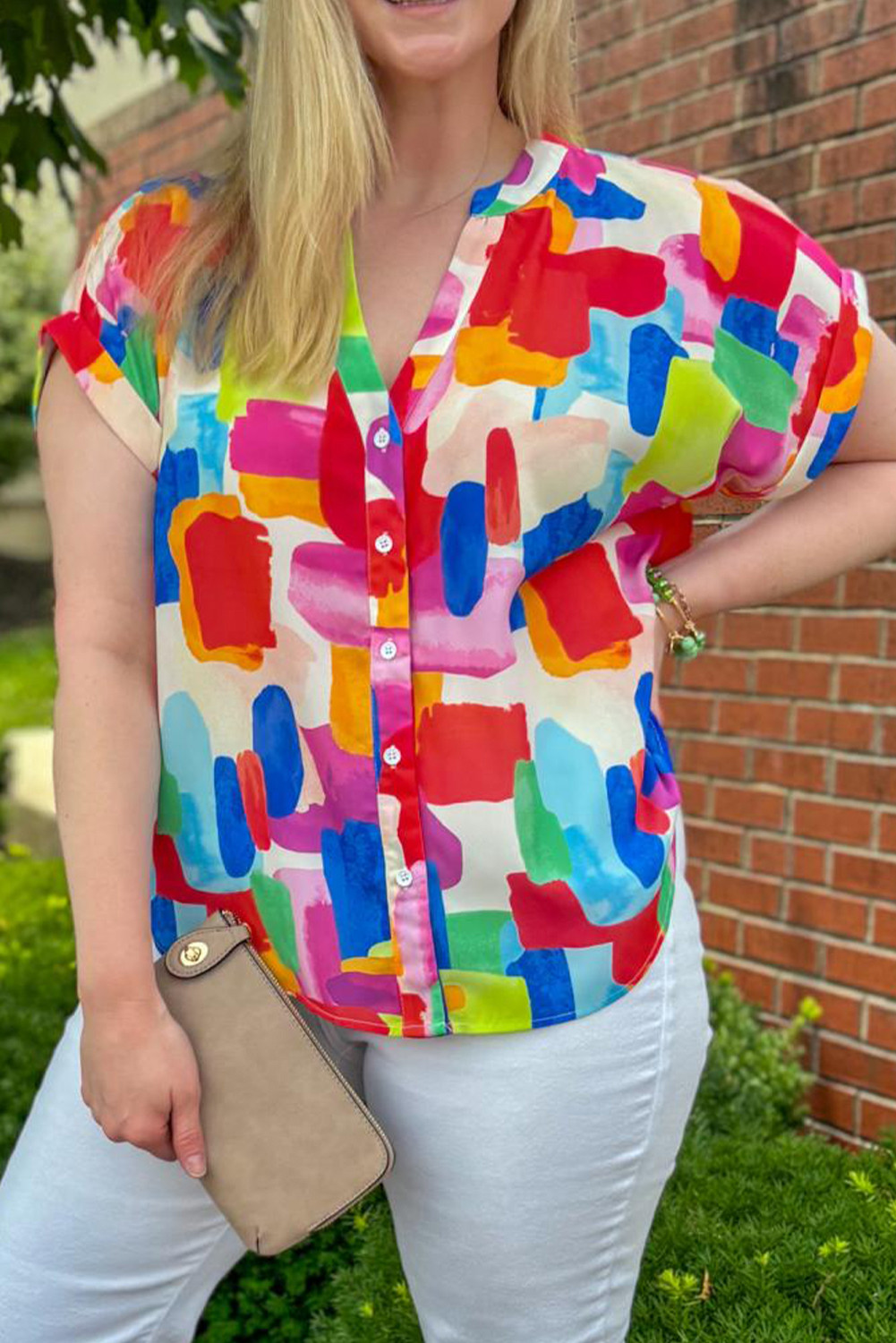Red Colorful Abstract Print Plus Size Split V Neck Blouse