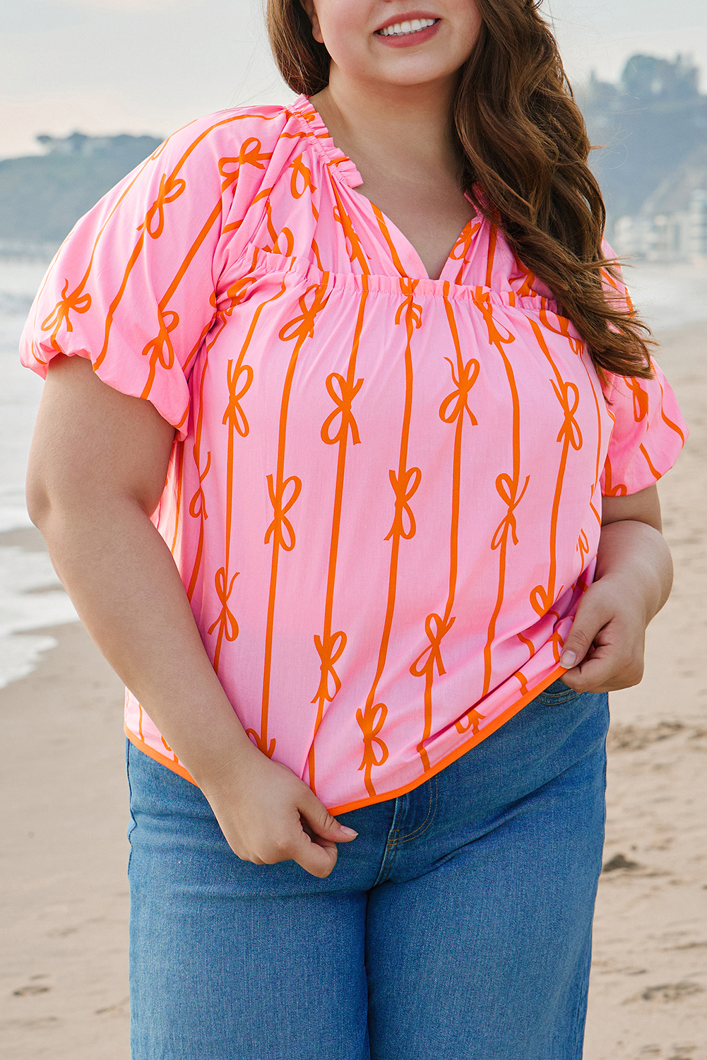 Shewin Wholesale NEW arrival Rose Bowknot Print Shirred V Neck Puff Sleeve Plus Size Blouse