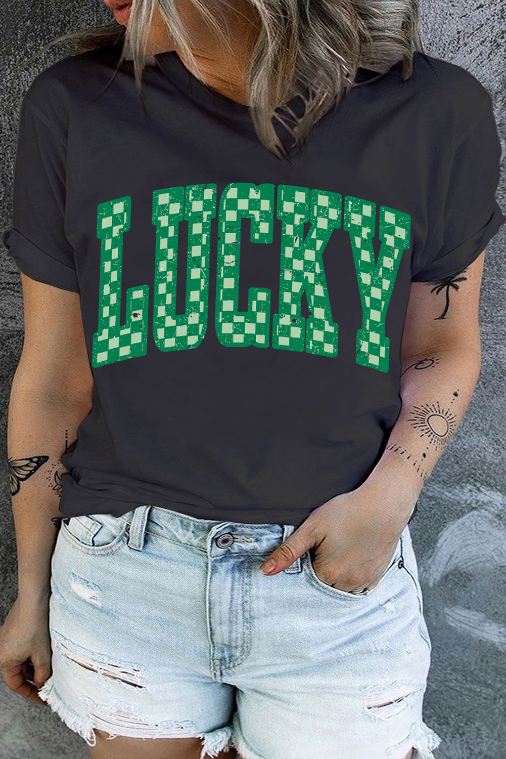 Black Checkered LUCKY Graphic St Patrick Plus Size Tee
