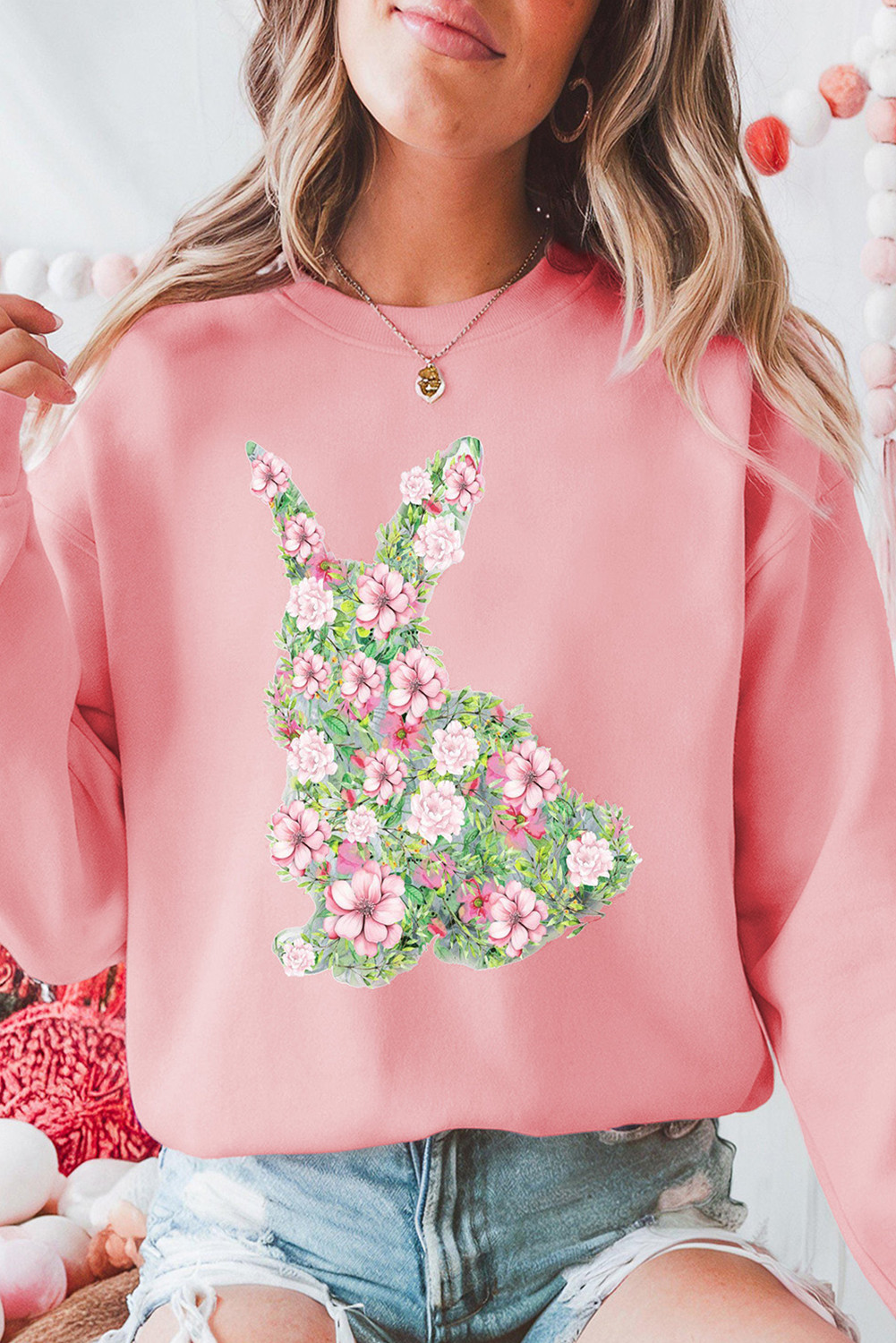 Pink Floral Bunny Graphic Crewneck Easter Fashion Sweatshirt