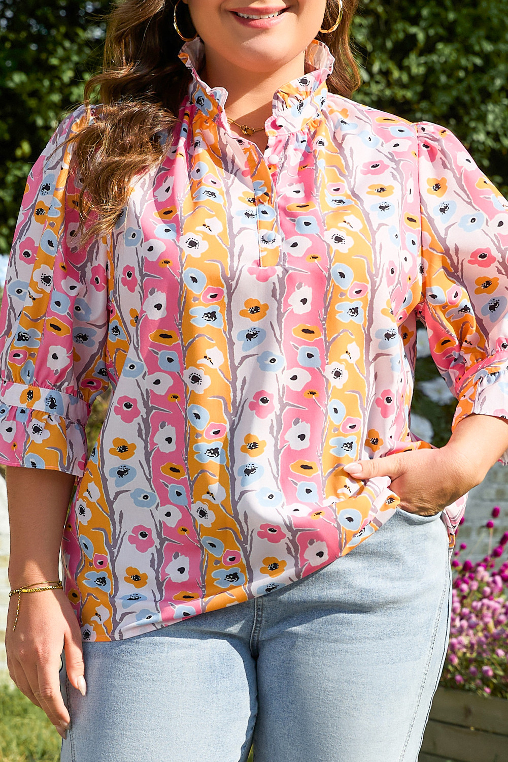 Pink Plus Size Floral Print Boho Blouse