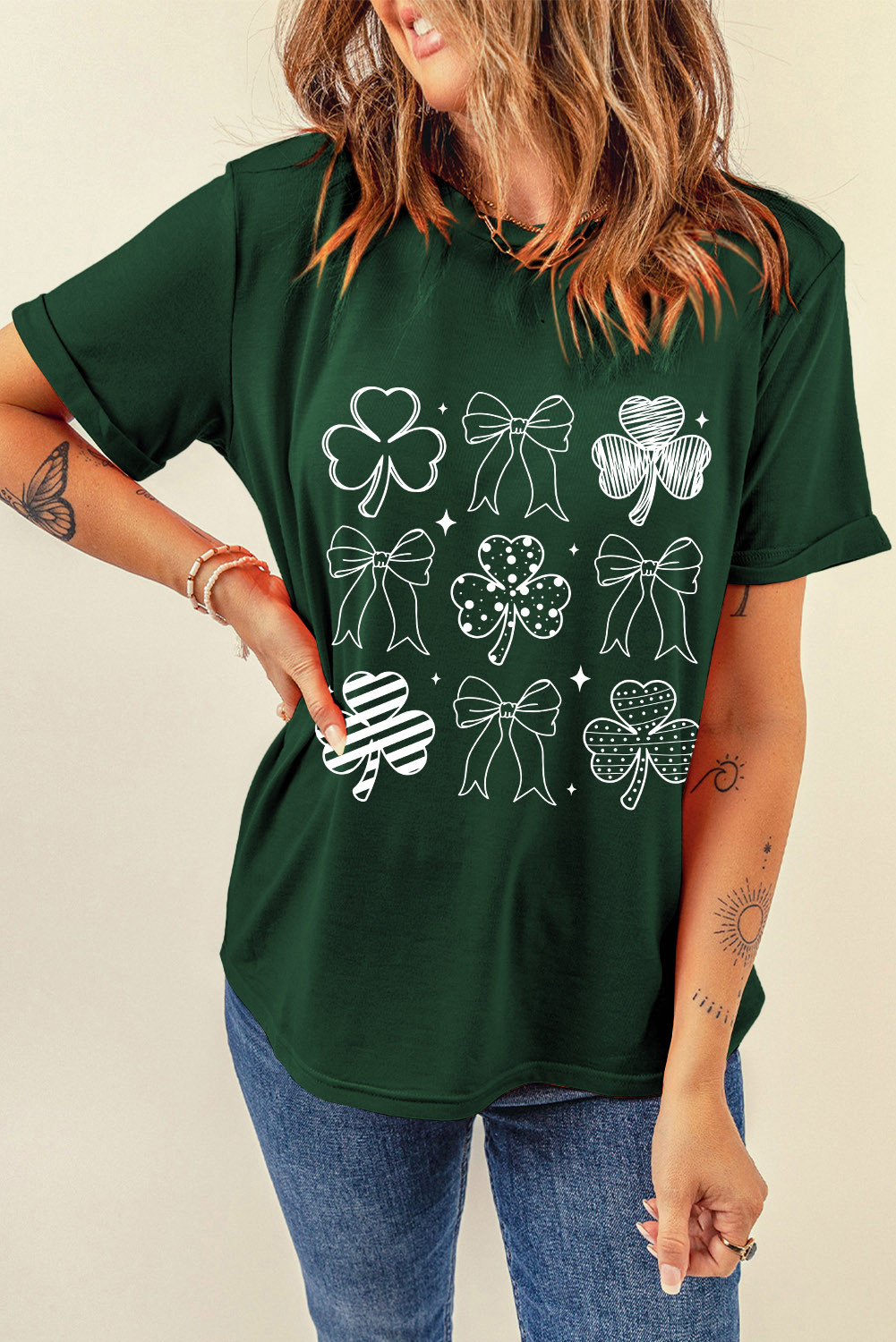 Green Clover Bowknot Graphic St Patricks T Shirt