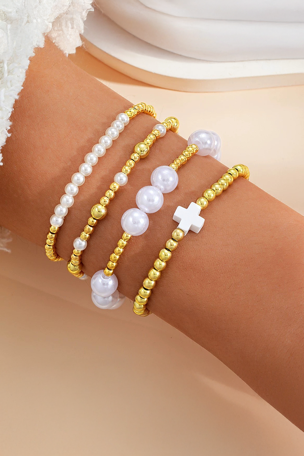 Gold Cross Pearl Beaded Bracelet Set