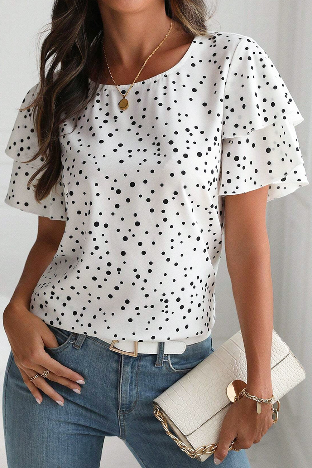 White Spotted Print Layered Ruffle Short Sleeve Blouse