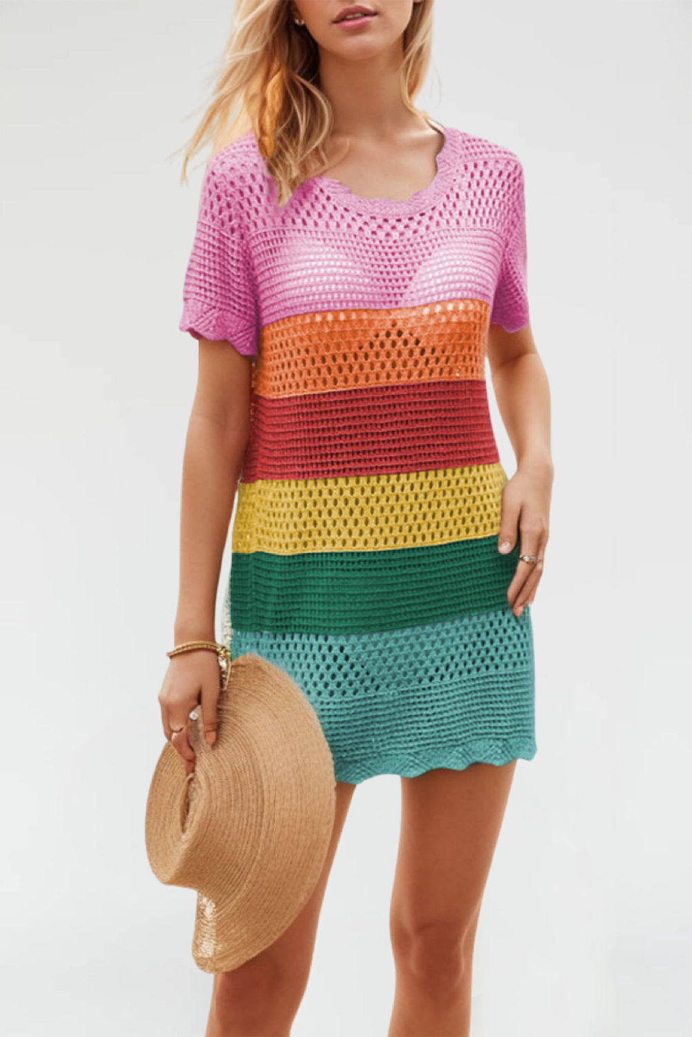 Multicolour Hollow Out Crochet Short Sleeve Swimsuit Cover Up