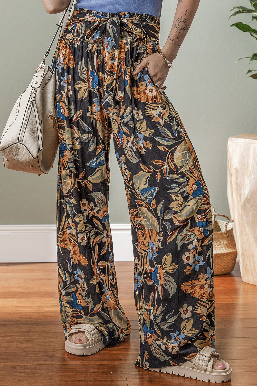 Multicolour Floral Shirred Tie High Waist Wide Leg Pants