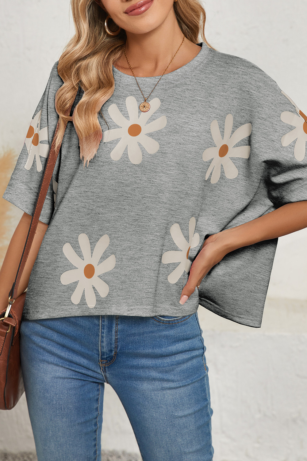 Gray 60s Vintage Flower Print Batwing Sleeve T Shirt