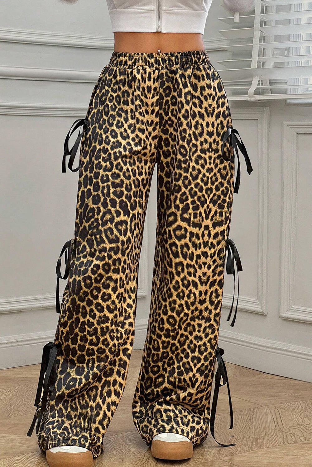 Brown Leopard Print Drawstring Elastic Waist Side Bow Pants