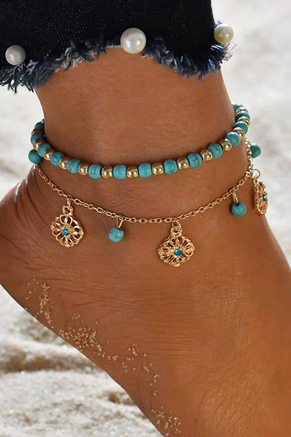 Gold 2PC Beaded Hollow Flower Shape Pendant Anklet Set