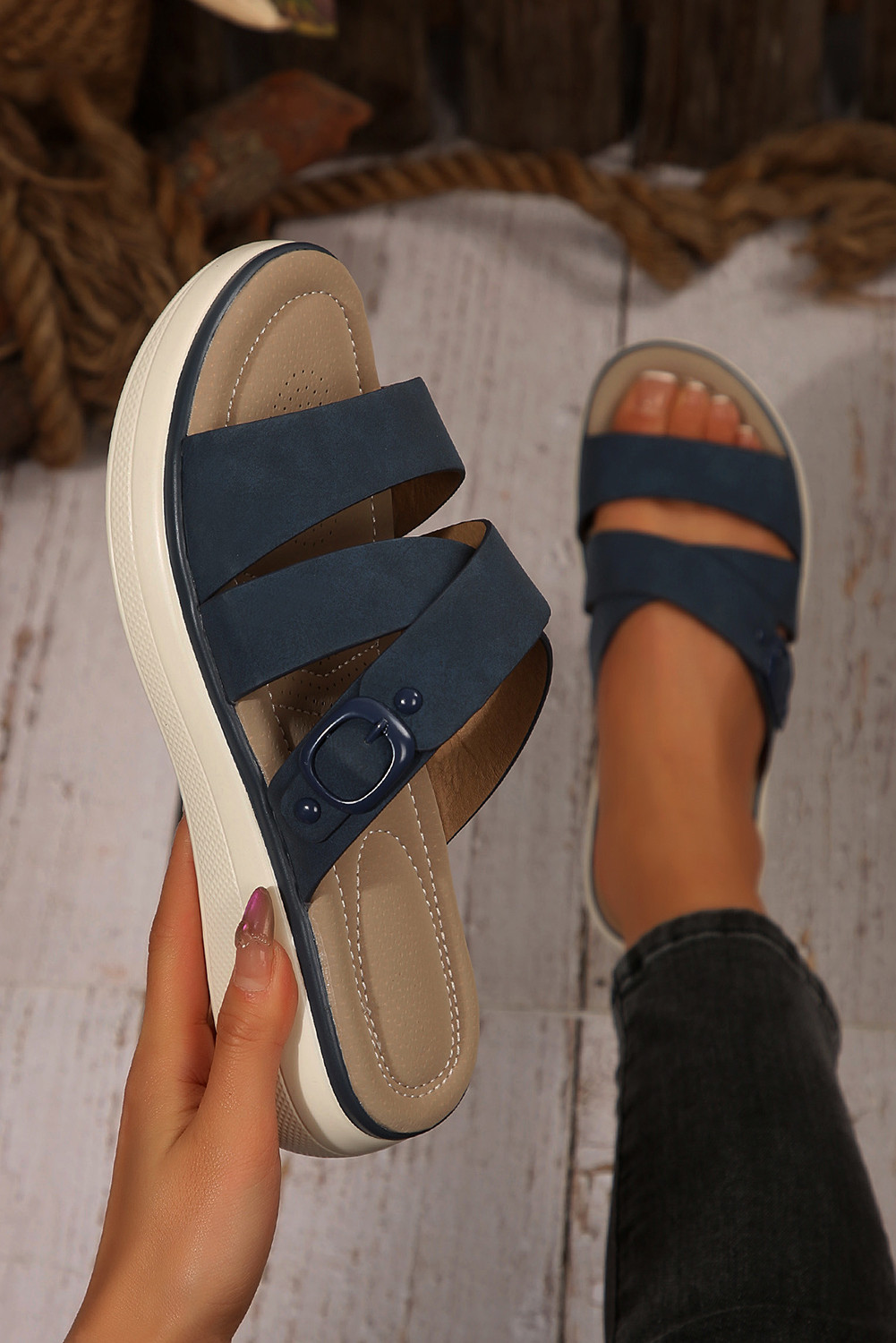 Blue Criss Cross PU Leather Flat Slippers