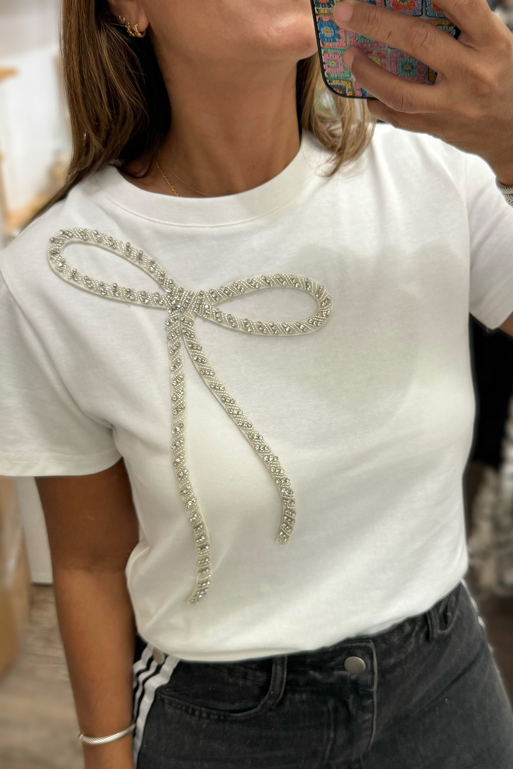 White Rhinestone Bow Embellished Crew Neck Tee