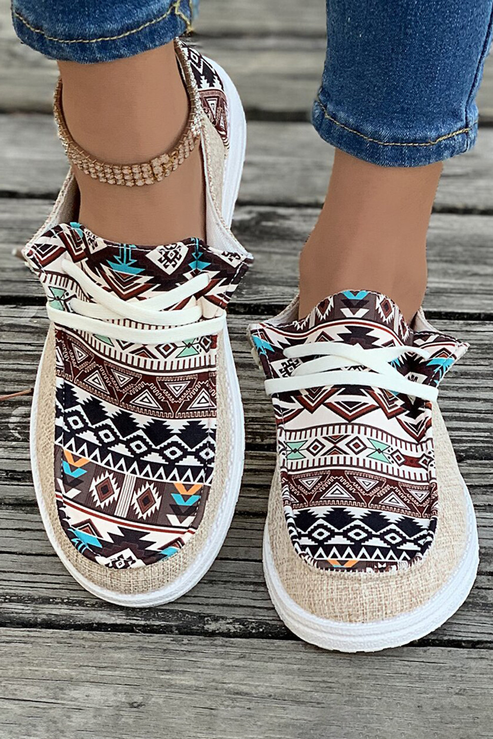 Brown Geometric Print Patchwork Lace Up Decor Sneakers