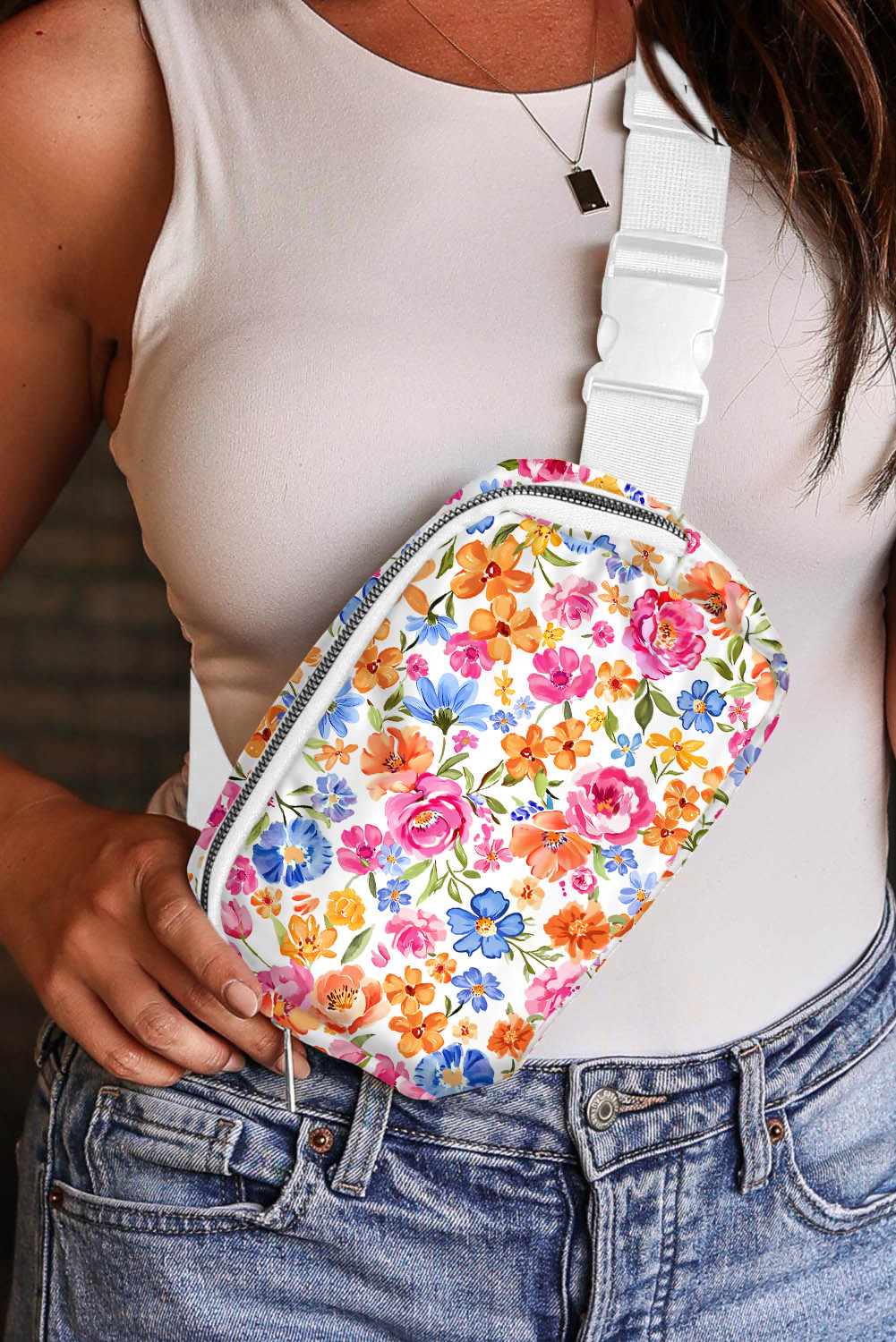 White Floral Adjustable Strap Crossbody Bag
