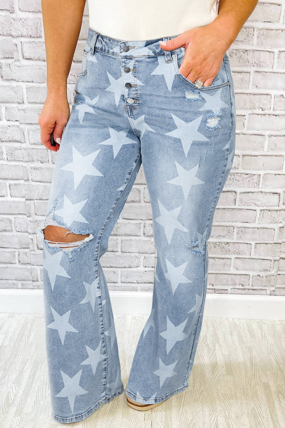 Sky Blue Star Print Multi Buttons Slit Knee Destroyed Plus Size Jeans