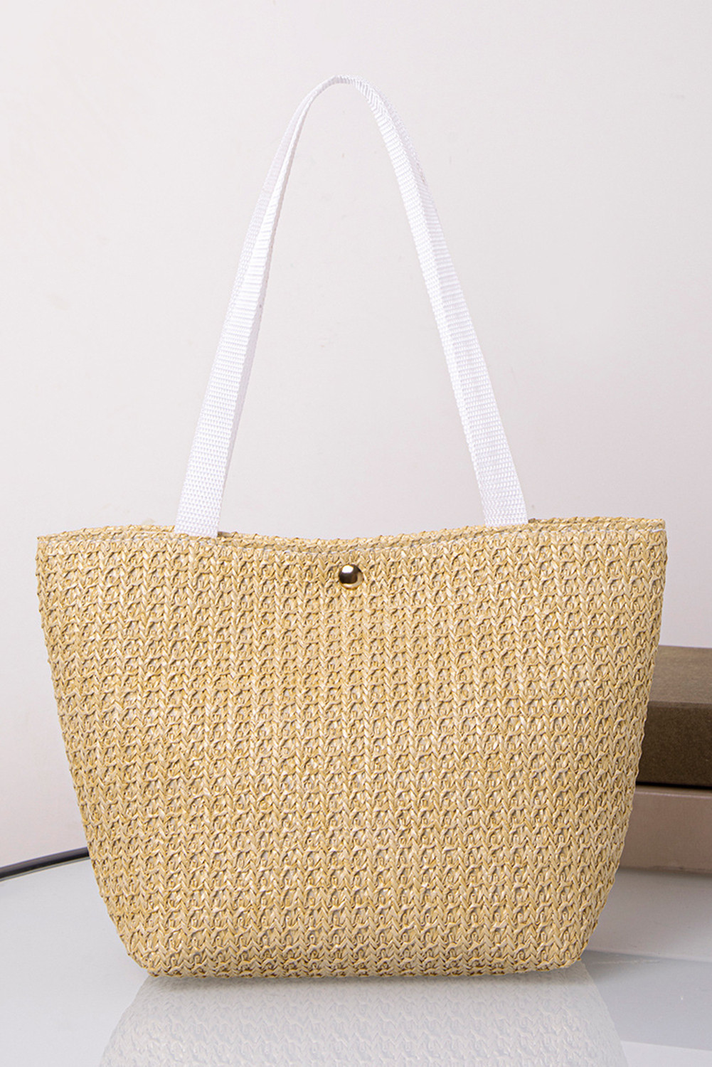 Beige Woven Large Tote Bag
