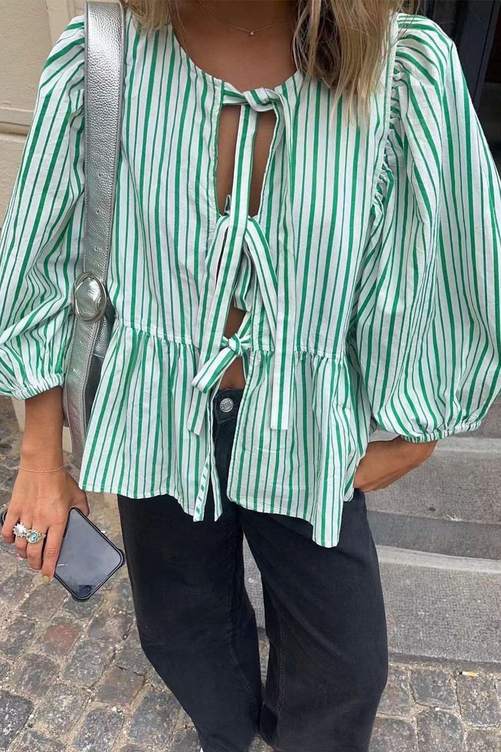 Green Striped Puff Sleeve Tie Front Peplum Blouse