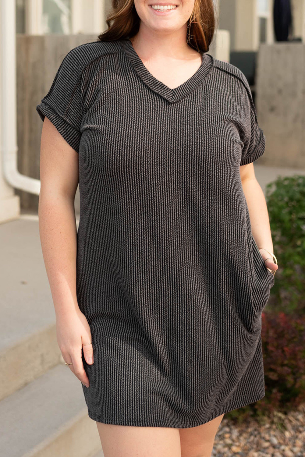 Carbon Grey Corded V Neck Plus Size Shirt Dress