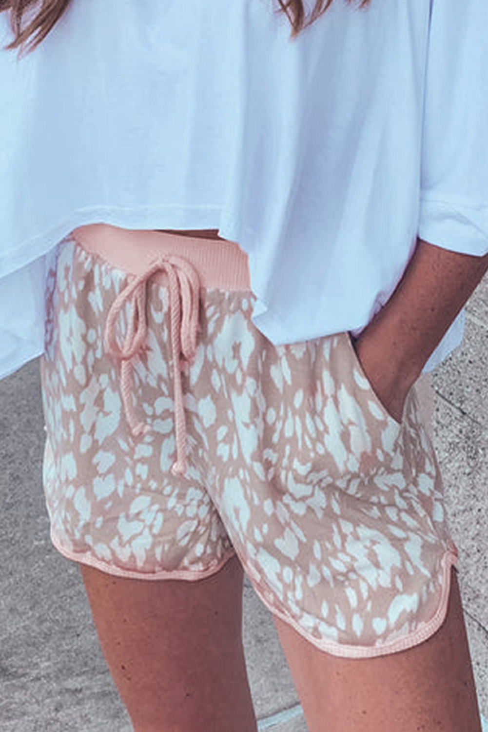 Khaki Classic Leopard Drawstring High Waist Casual Shorts