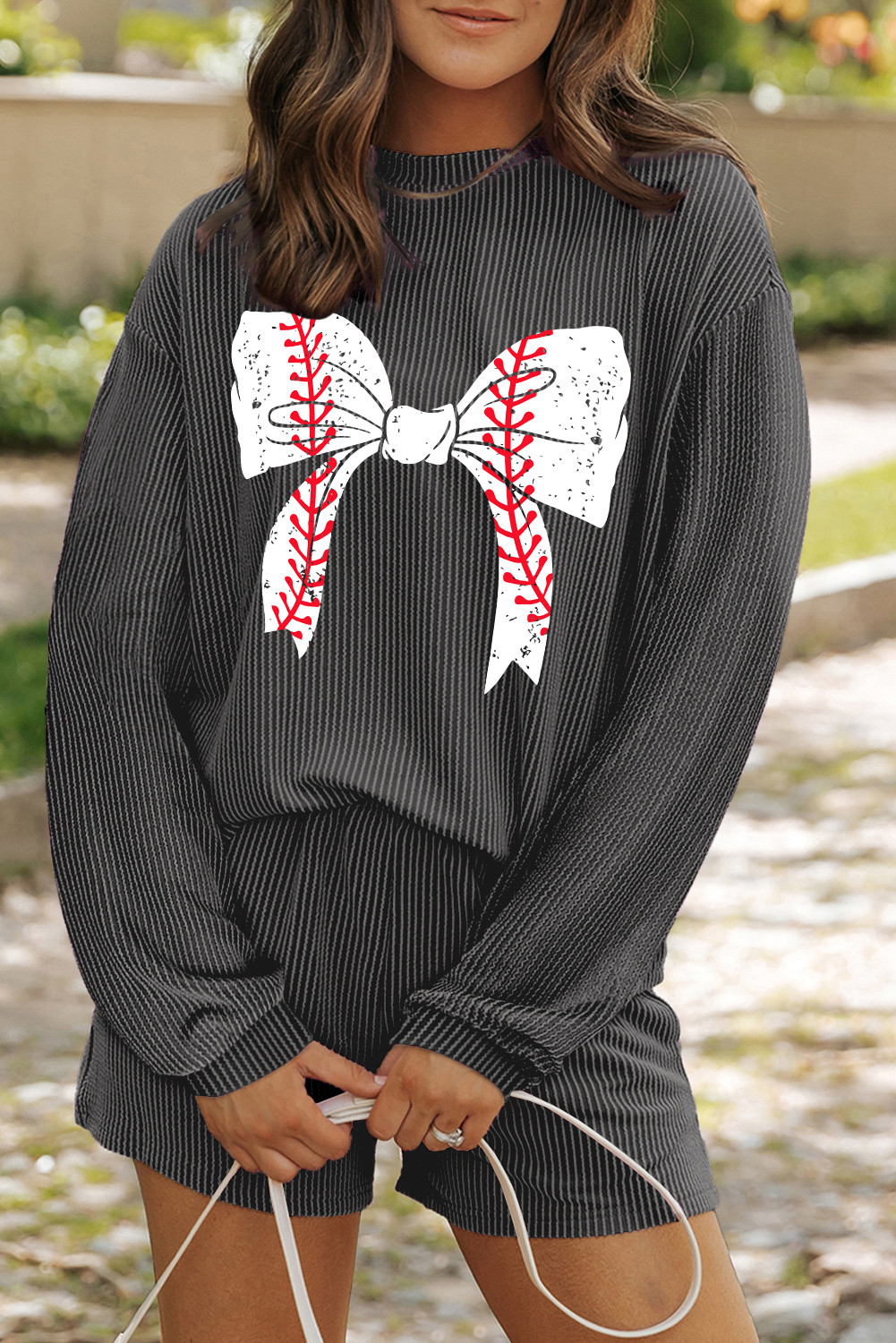 Carbon Grey Baseball Bow Print Corded Long Sleeve Top and Shorts Set