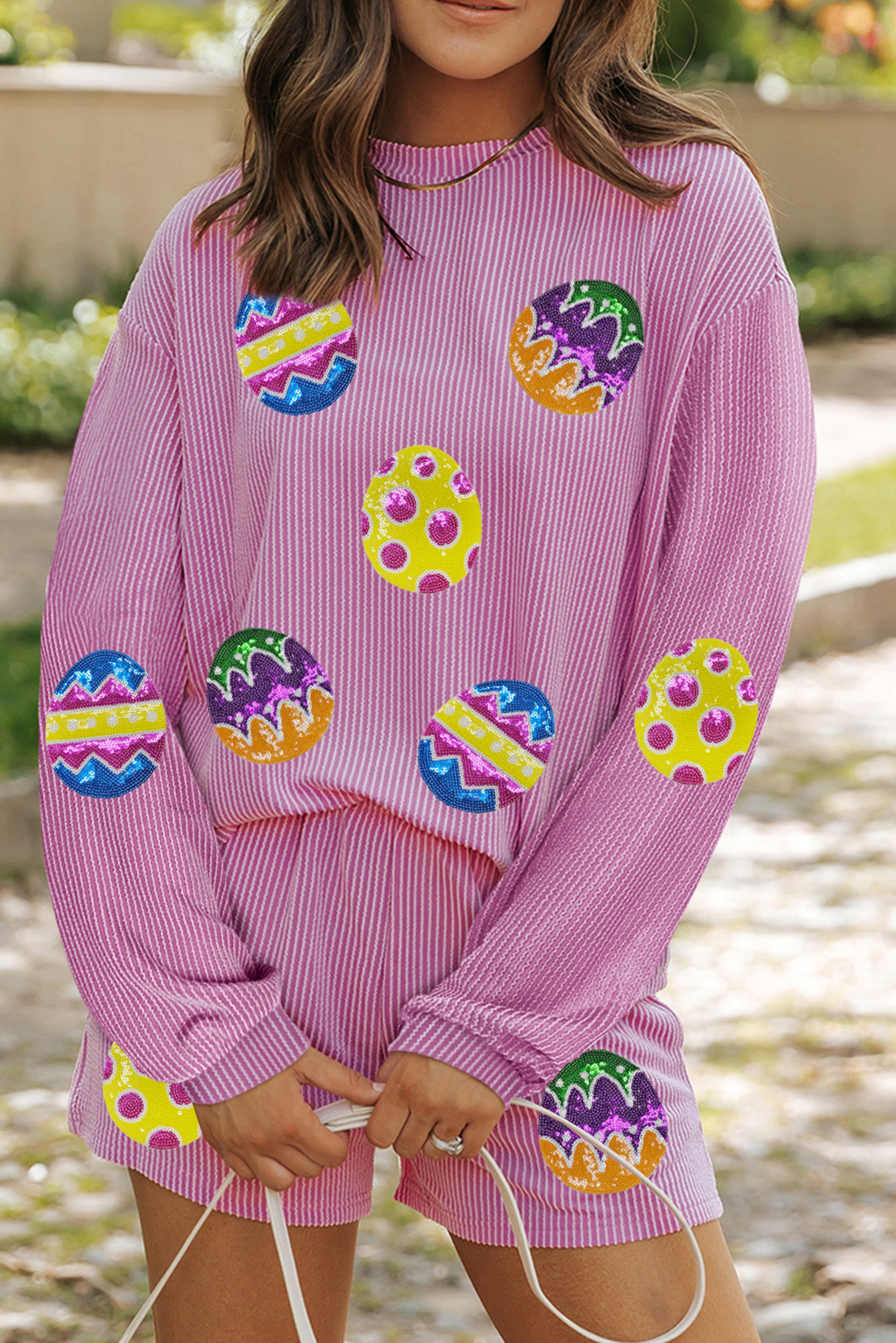 Phalaenopsis Easter Egg Patched Corded Long Sleeve Top and Shorts Set