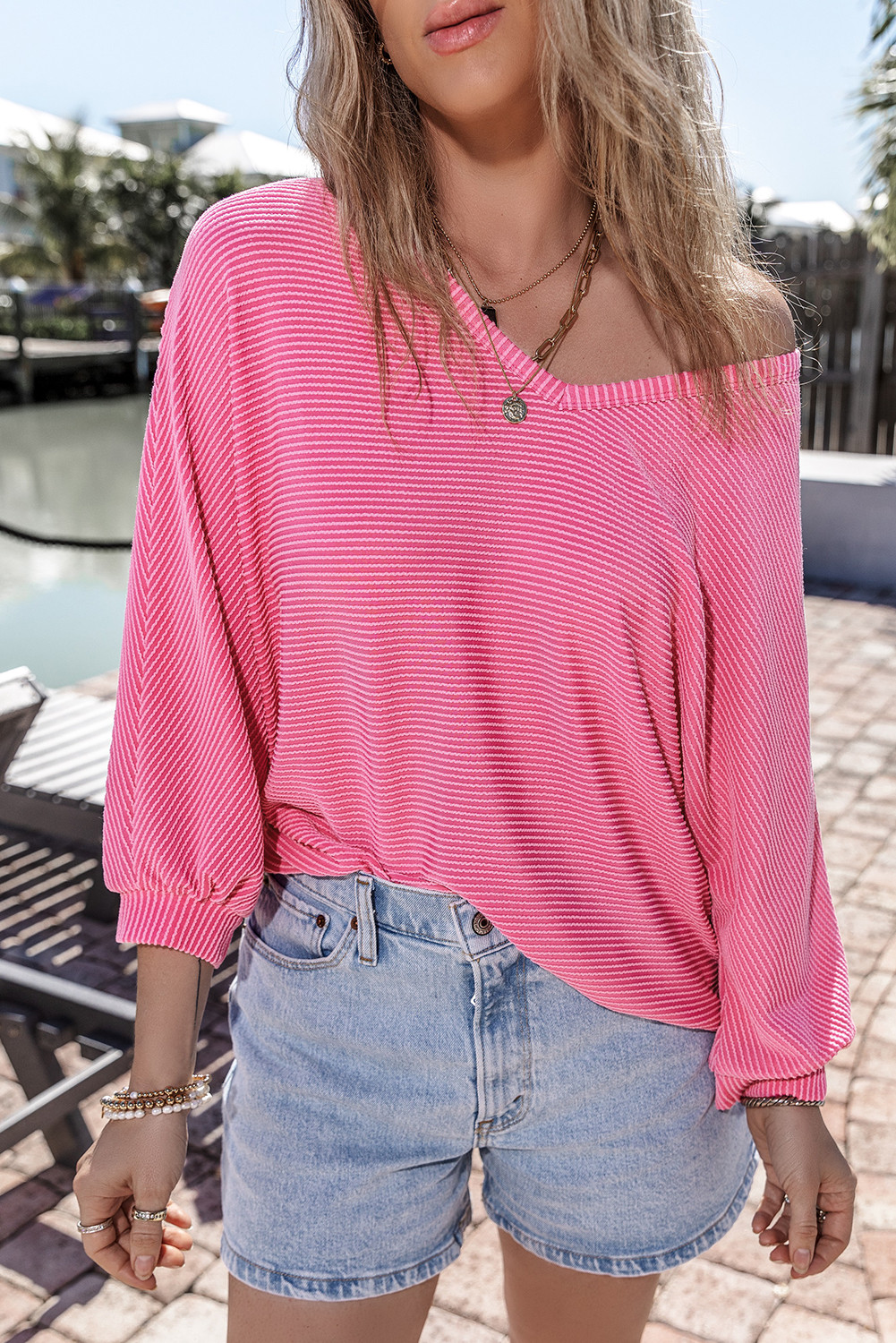 Strawberry Pink Ribbed Striped V Neck Bracelet Sleeve Top