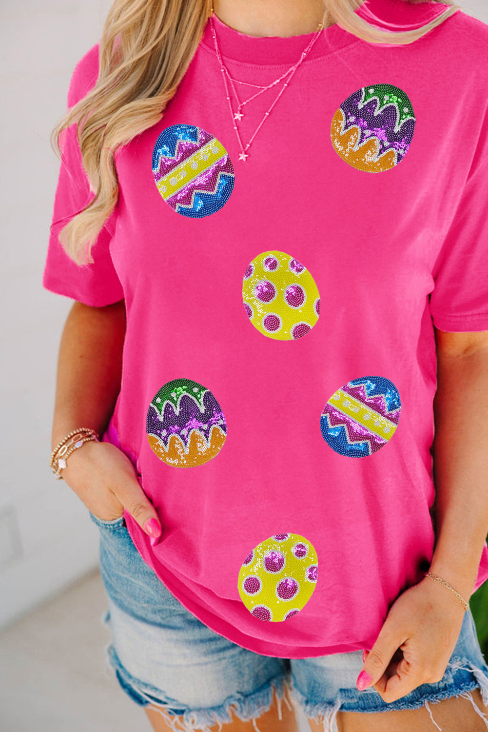 Rose Red Easter Egg Patched Crew Neck Graphic Tee